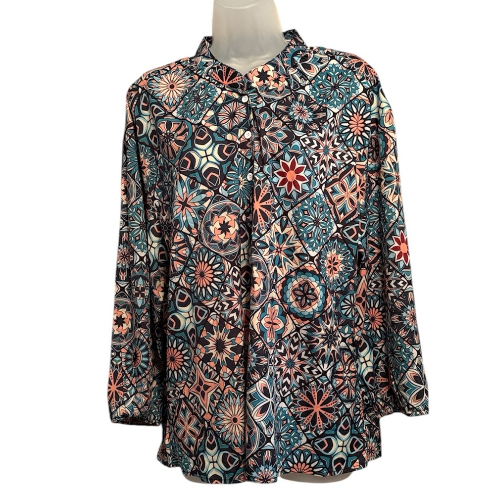 Womens XXL orange blue teal cream peach colors geometric print top blouse shirt